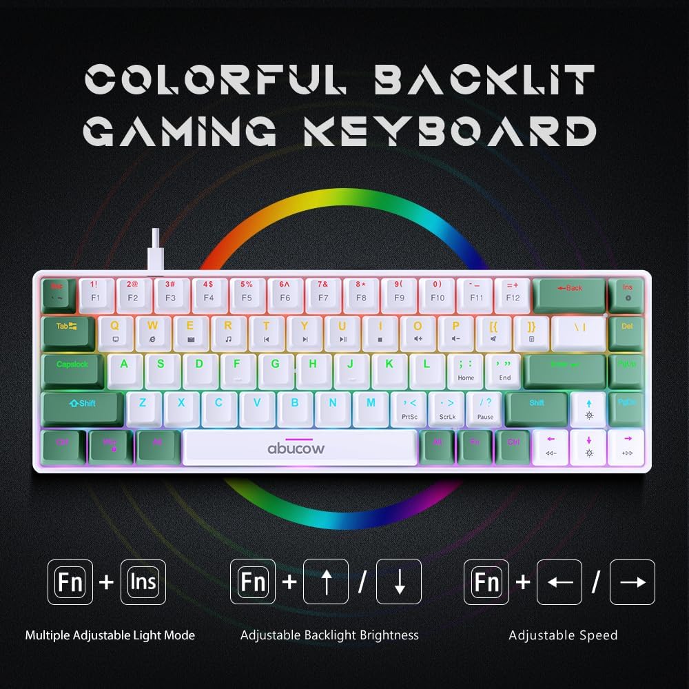abucow 60% Mechanical Keyboard with Colorful Backlight 68-Key Gaming Keyboard White Red Keycaps - Red Switches for a Premium Typing and Gaming Experience PC Mac (White-Red)