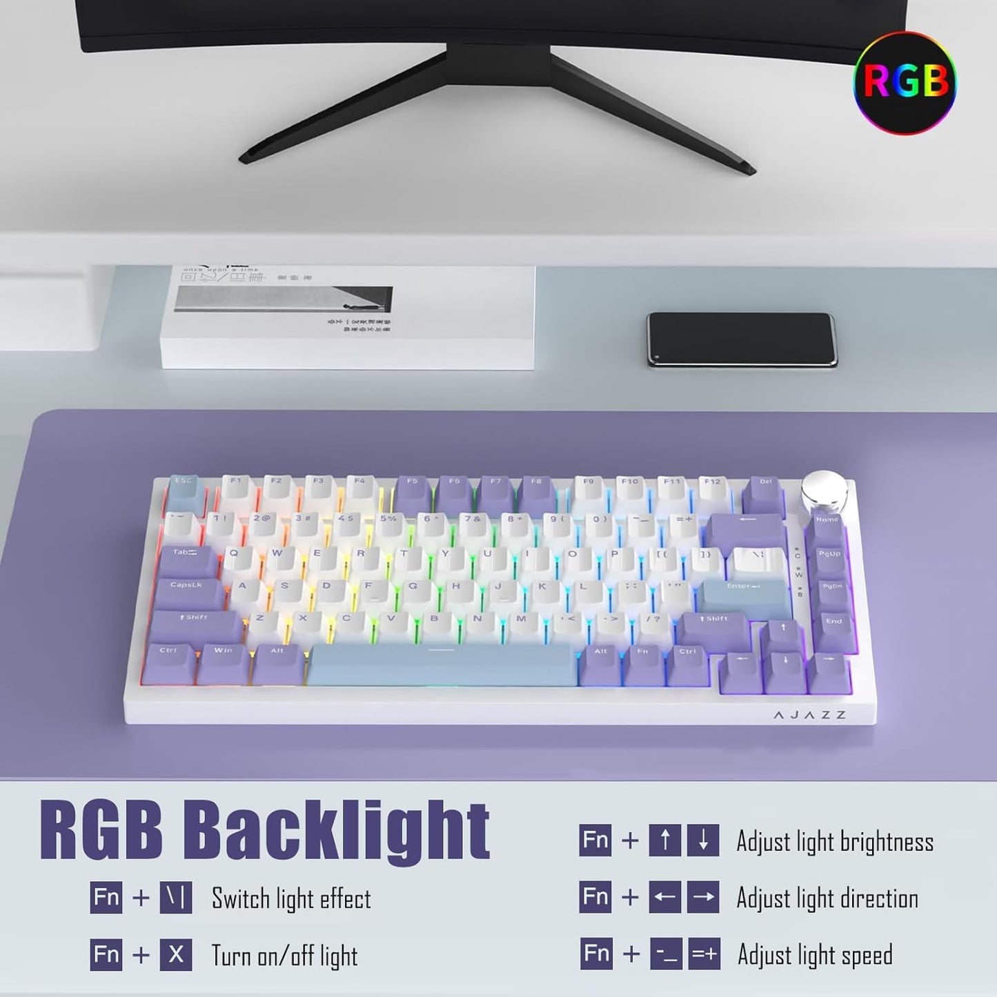 AJAZZ AK820 Pro 75% Gasket RGB Wireless Mechanical Keyboard with TFT Screen, Volume knob, Bluetooth/2.4G/Wired 3-Modes, Compact 82 Hot-Swap Keys, Tricolor PBT Keycap, 4000 mAh (Gray&Yellow 3-Modes)