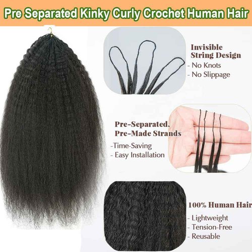 Feather Crochet Hair Kinky Straight Human Hair For Black Women Pre-Separated Knotless Invisble Micro Loop Hair Extensions Crochet Human Hair For Braiding 16inch 120g