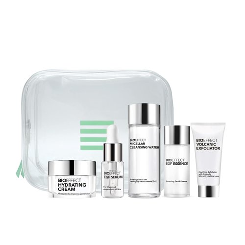 Bioeffect EGF Skincare Set of 5 Deluxe Samples, On the Go Kit to Experience a Hydrating, Anti-Aging Barley Growth Factor Daily Regimen to Cleanse, Exfoliate, Moisturizer, Renew & Restore