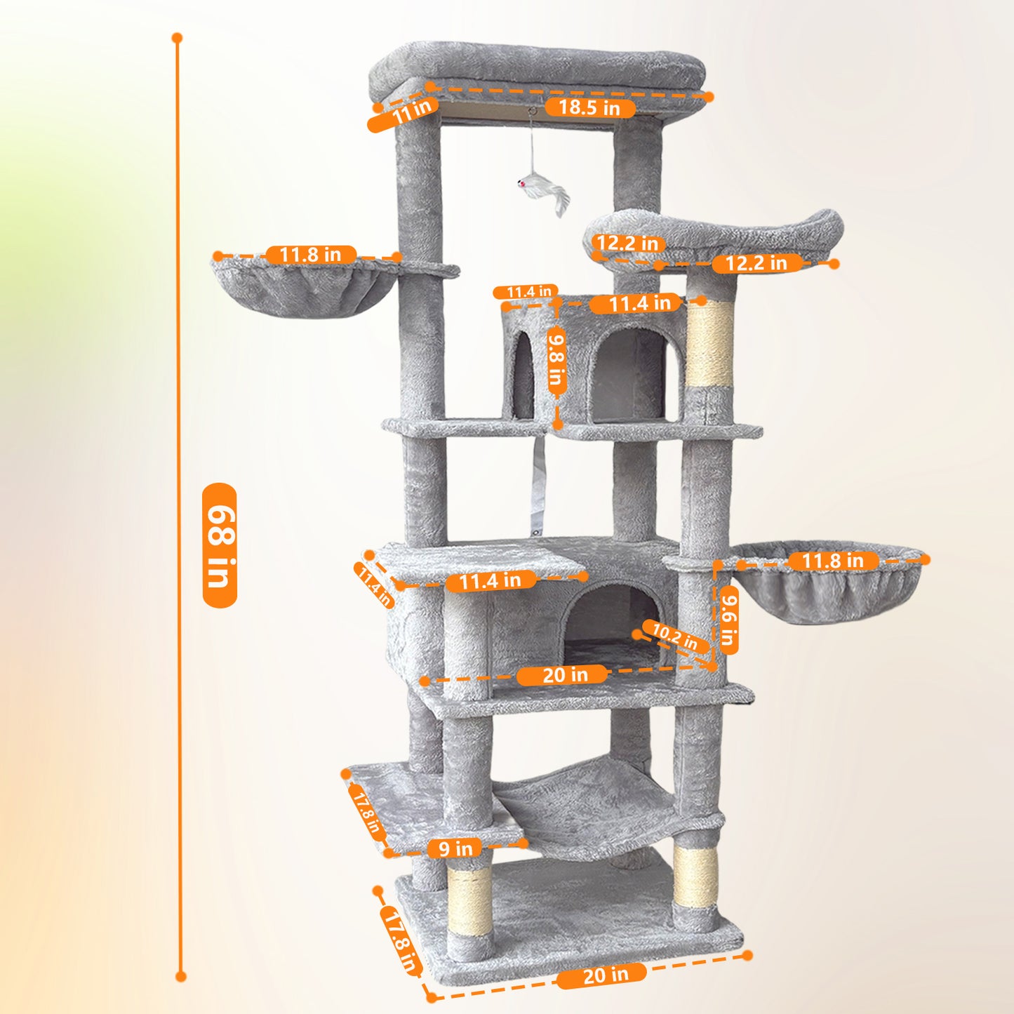 68-Inch Multi-Level Cat Tree with Hammocks and Scratching Posts - Light Gray
