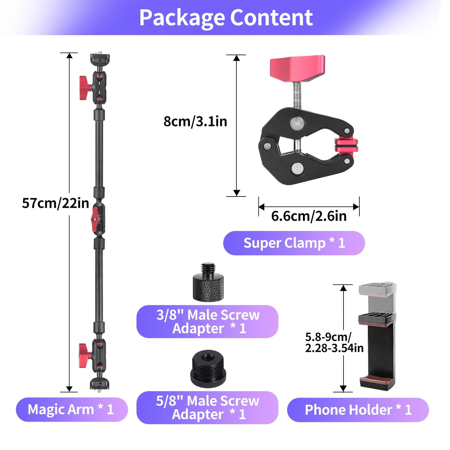 22" Magic Arm w Clamp Camera Mount, Overhead Phone Mount w Dual Ball Head Articulating Mic Boom Arm, 3/8" 5/8" Screw Adapters, Adjustable Camera Desk Mount Stand for Webcam Tripod Light Video Rig