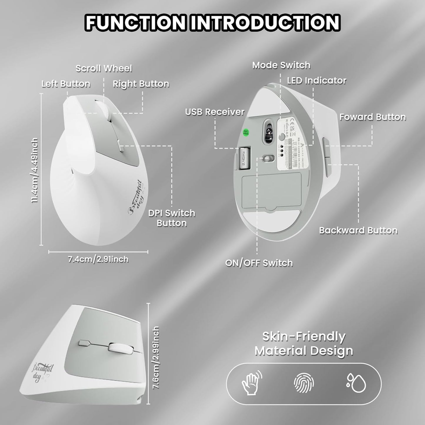 A.JAZZ I300 Bluetooth and 2.4G Rechargeable Wireless Mouse,Ergonomic Vertical Design Optical Mouse Computer Mice,800/1200/1600 DPI,Quiet Clicks,84G Lightweight for Laptop, Desktop, PC, MacBook(Black)