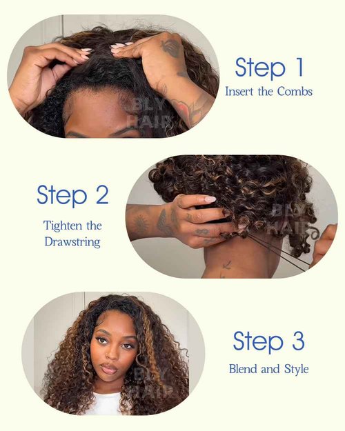 BLY Highlight Water Wave Half Wig Human Hair 3 in 1 Glueless Drawstring Flip Over Wear Go Wig for Women 1B 30 Color 180 Density Beginner Friendly Wigs 18 Inch