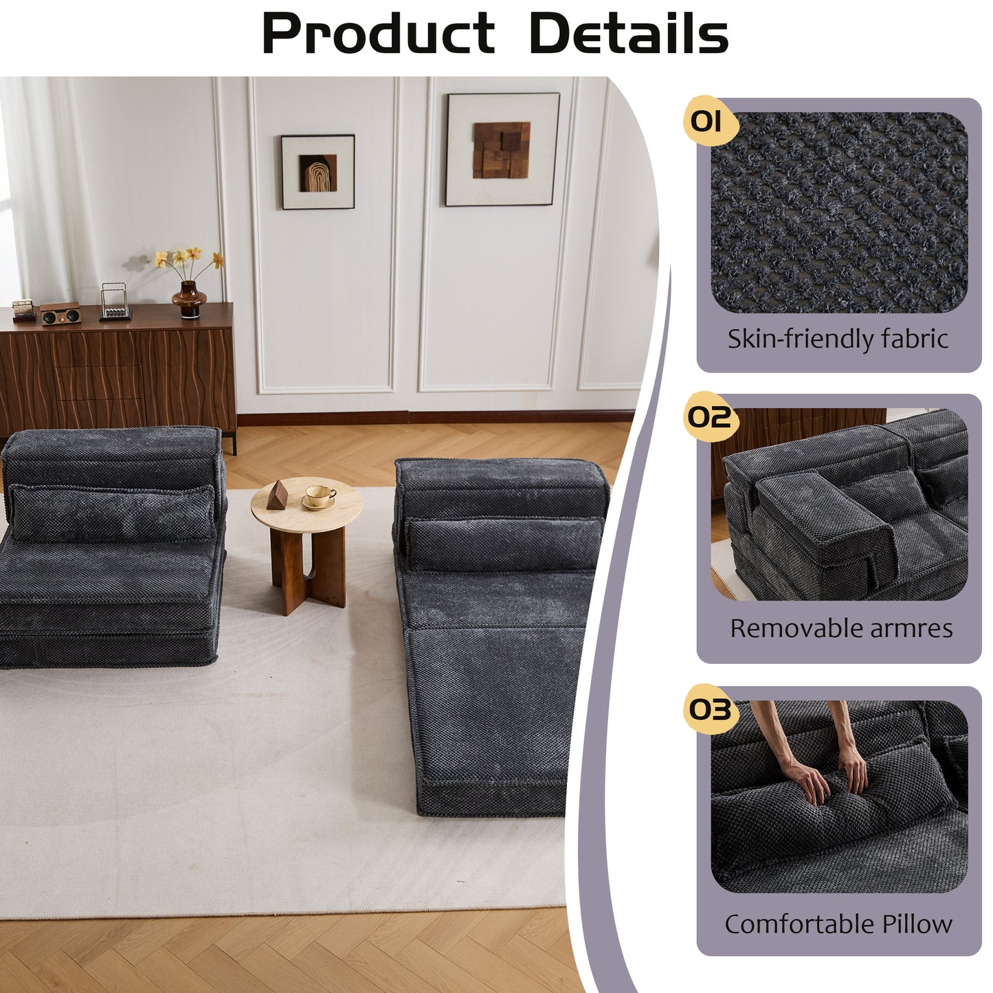 Convertible Floor Sofa Bed - Oversized 2 Seater with Pillows - Dark Grey