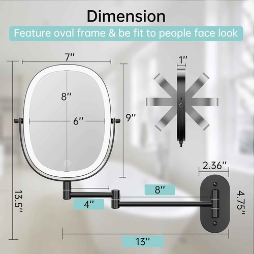 FUNTOUCH 30X/1X Wall Mounted Lighted Makeup Vanity Mirror, Rechargeable Double Sided Bathroom Magnification Mirror, 3 Dimmable Light Settings, Extension Arm, Oval Frame, Ideal for Makeup,Black