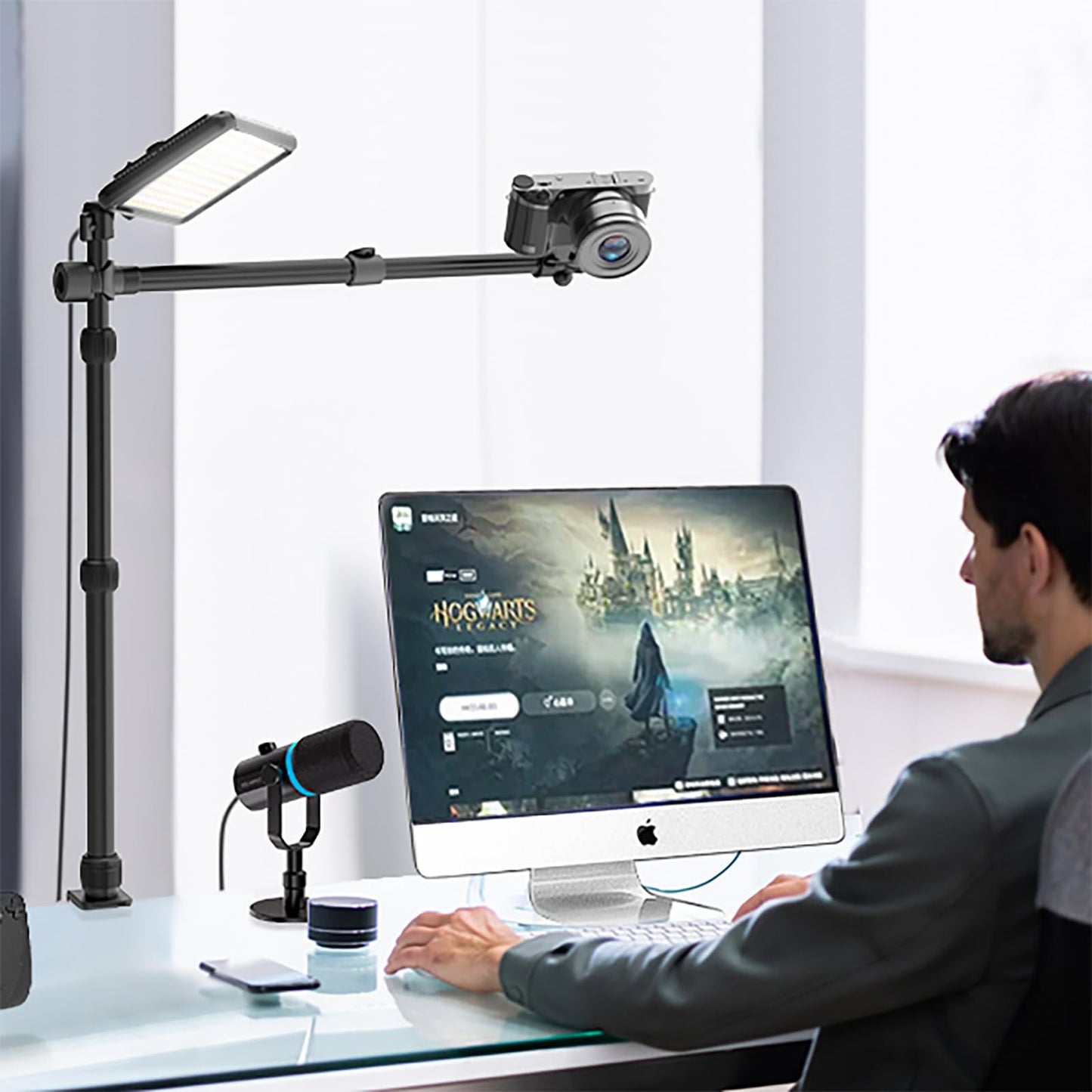 ailight Overhead Camera Mount Desk Stand, Webcam Mount with 2-Section Adjustable Telescopic Boom Arm, Tabletop C Clamp for DSLR Camera, Ring Light, Live Streaming, Photo Video Shooting