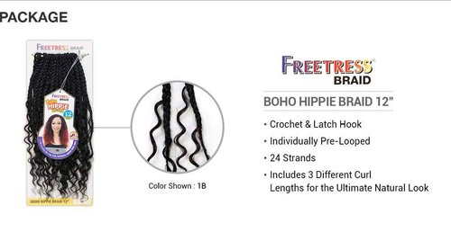 FreeTress Crochet Braids Boho Hippie Braid 12" (5-PACK, 1B)