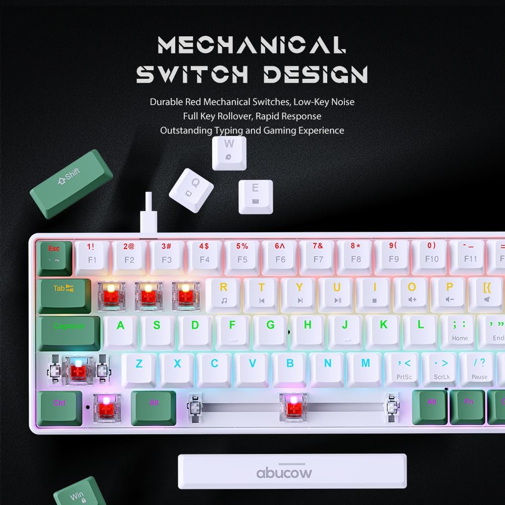 abucow 60% Mechanical Keyboard with Colorful Backlight 68-Key Gaming Keyboard White Red Keycaps - Red Switches for a Premium Typing and Gaming Experience PC Mac (White-Red)