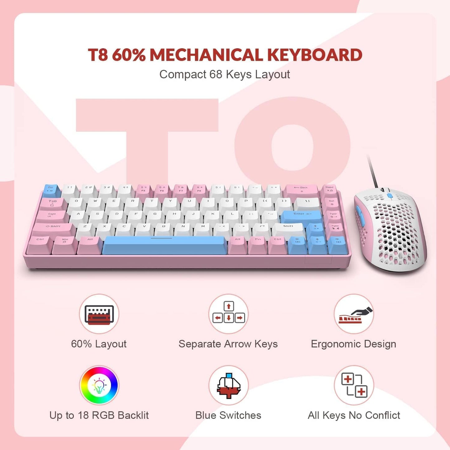 ZIYOU LANG RK-T8PR0 Wired 65% Mechanical Gaming Keyboard and Mouse Combo with RGB LED Backlit Anti-ghosting TKL Mini 68 Key Coiled C to A Cable Linear Red Switch for PS4 PS5 Xbox PC Mac Gamer(Gray)