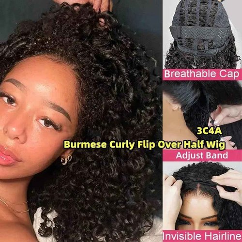 Half Wig Human Hair for Women 12 Inch Burmese Curly Glueless Clip-In Wigs 250% Density 3 IN 1 Half Wigs Flip Over Beginner Friendly Go Drawstring Wig No Glue No Sew Natural Color & Easy Install