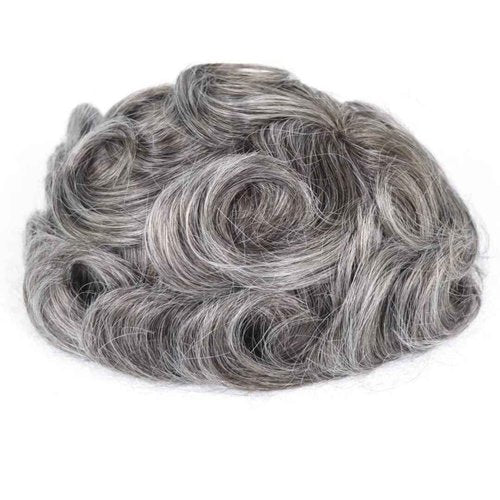 Grey Thin Skin Toupee for Men Hair System 8x10 Inch PU Poly Mens Toupee Human Hair Piece Replacement Hairpiece 450# Medium Brown with 50% Synthetic Gray