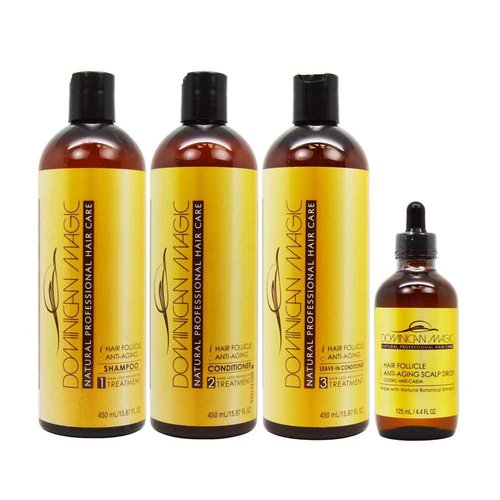 Dominican Magic Anti-Aging Hair Care Set – Shampoo, Conditioner, Leave-In (16oz) & Hair Growth Drops (4oz) | Strengthens, Hydrates & Restores Thinning, Dry & Aging Hair
