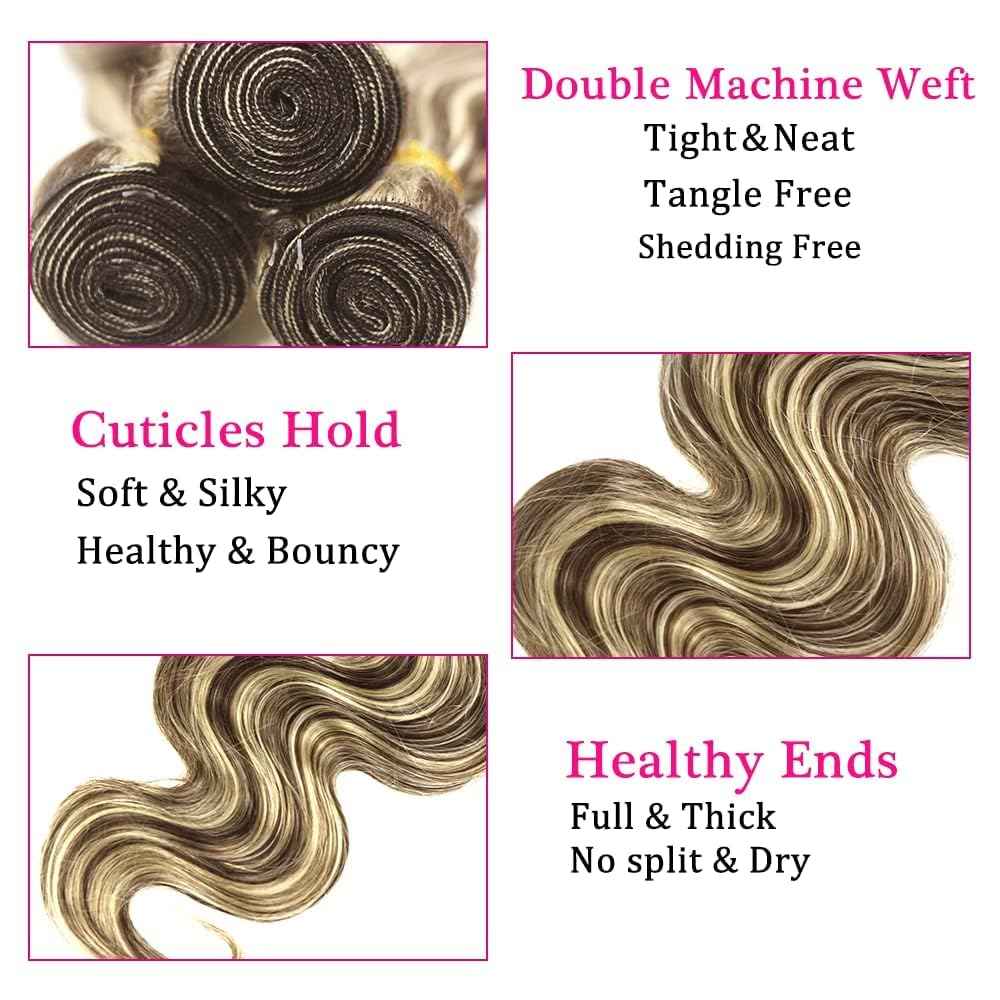 Giginger P4/613 Chocolate Brown Blonde Body Wave Human Hair Bundles 22 24 26 Inch Highlight Body Wave Bundles Weave Bundles Human Hair 4/613 Human Hair Bundles