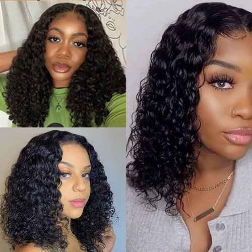 afsisterwig Water Wave 13x4 Lace Frontal Human Hair Wigs Transparent Curly Human Hair Wigs 4x4 Short Bob Wig HD T Part Wigs For Women(14inch, 4x4 Water Wave)