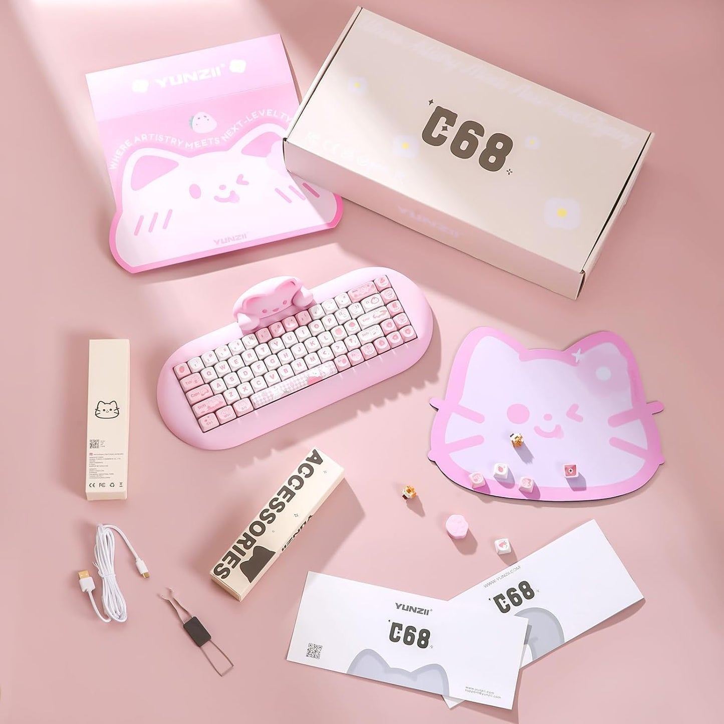 YUNZII C68 Wireless Mechanical Keyboard,65% Layout,Hot Swap,Triple Mode BT5.0/2.4G/Wired, RGB Backlit NKRO,Cute Cat Silicone Ergonomic Design for Win/Mac (Brown, Milk Switch)