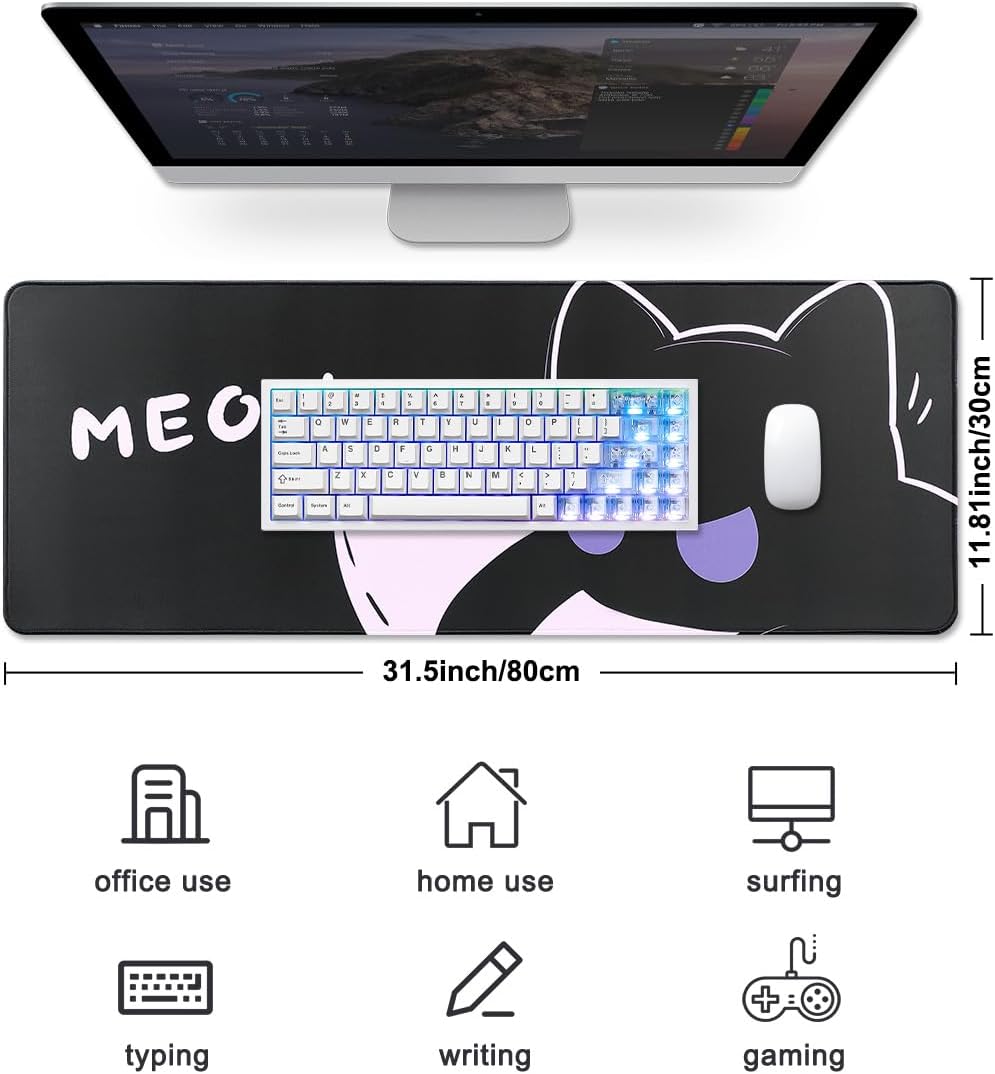 YUNZII Keynovo Gaming Mouse Pad, Large Mouse Pad, Non-Slip 4mm Laptop Gaming Desk Pad for Office and Home(Cool cat, 31.49'' x 11.8'')