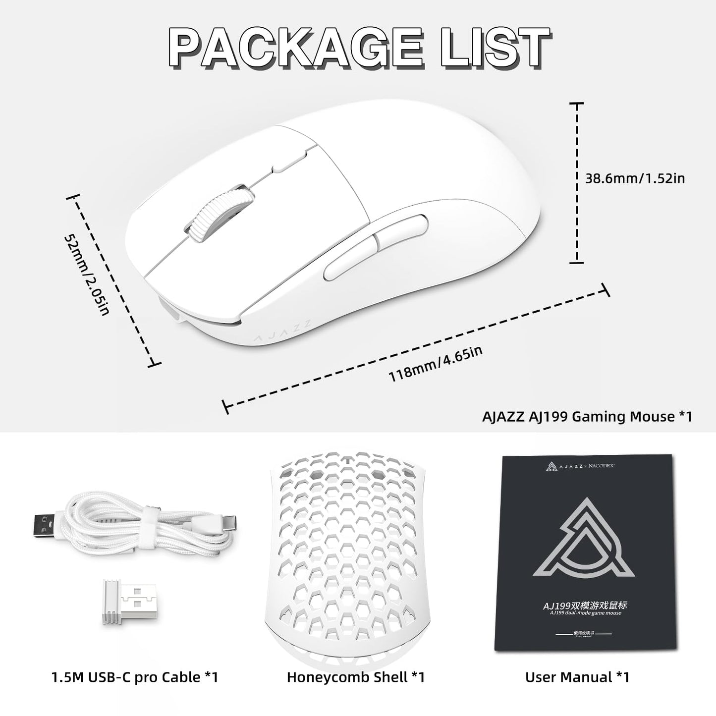 AJAZZ AJ199 Wireless Gaming Mouse,59G Ultra Lightwieght-Huanuo Micro Switch-26K PAW3395 Sensor-40Hrs Battery Life-2.4G/USB-C Mouse Gaming -Wireless Computer Mouse 6 Programmable Buttons,100% PTFE Feet