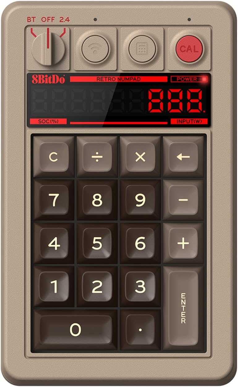 AKNES 8bitdo Retro 18 Mechanical Numpad, 2-in-1 PC and Calculator, Bluetooth/2.4G/Wired for Windows and Android - N Edition
