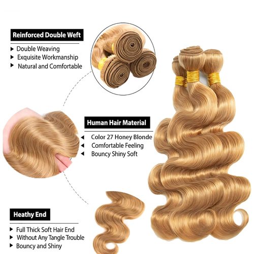 ZCMYVINND Color 27 Blonde Human Hair Body Wave Bundles 22 24 26 Inch Unprocessed Brazilian Virgin Remy Weave Honey Blonde Body Wave Human Hair Extensions