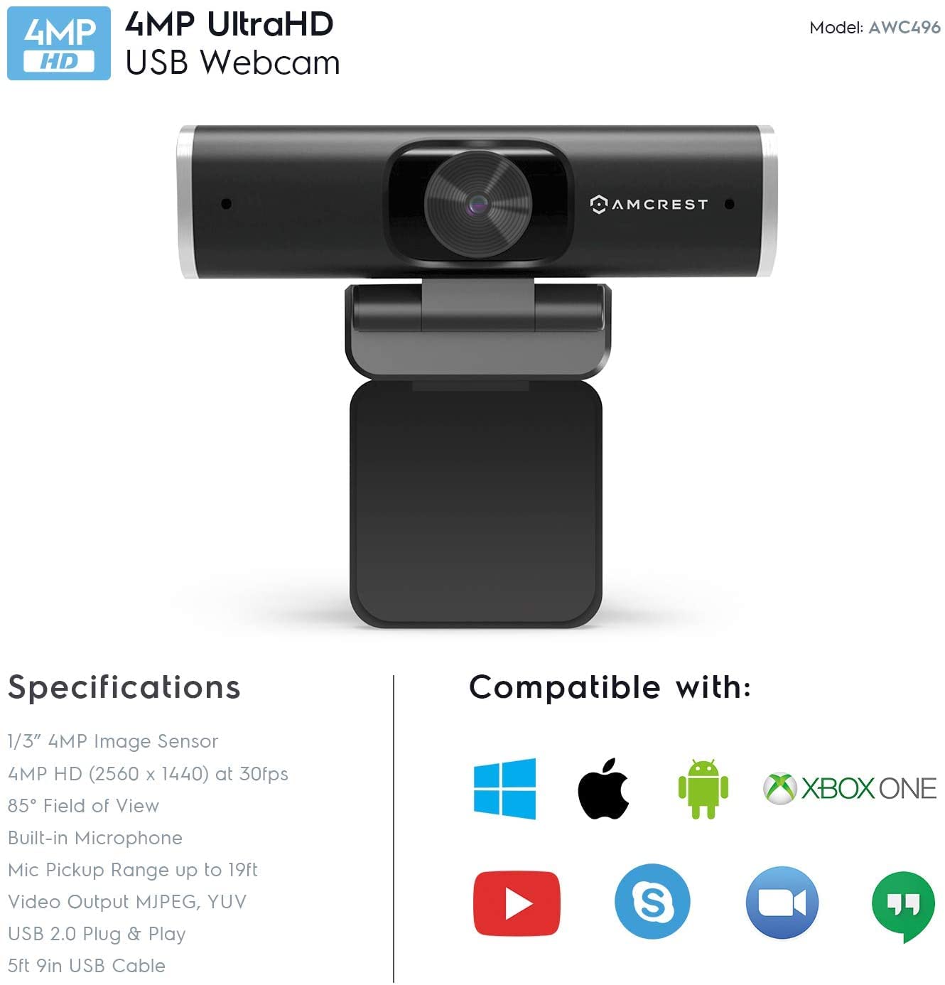 Amcrest 4-Megapixel Webcam w/Microphone & Privacy Cover, Web Cam USB Camera, Computer HD Streaming Webcam for PC Desktop & Laptop w/Mic, Wide Angle Lens & Large Sensor for Superior Low Light (AWC496)