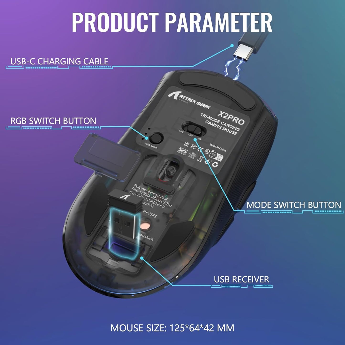 A.JAZZ Wireless Gaming Mouse with Full Transparent,Tri-Mode 2.4GHz/Bluetooth/Wired Mouse,Digital Display,Charging Base,3D RGB Backlit,Silent Mice with 7 Buttons,Wireless Mice for Laptop,PC,Mac(White)