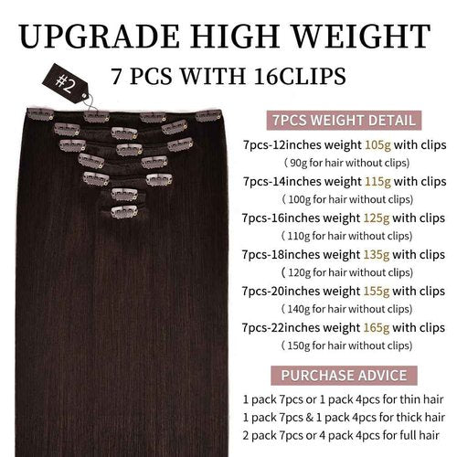 16 Inch Clip-in Hair Extensions Remy Human Hair for Women - Soft Handmade Real Human Hair Clip in Extensions, Straight, Thick, 125g 7pcs Dark Brown #2 Color