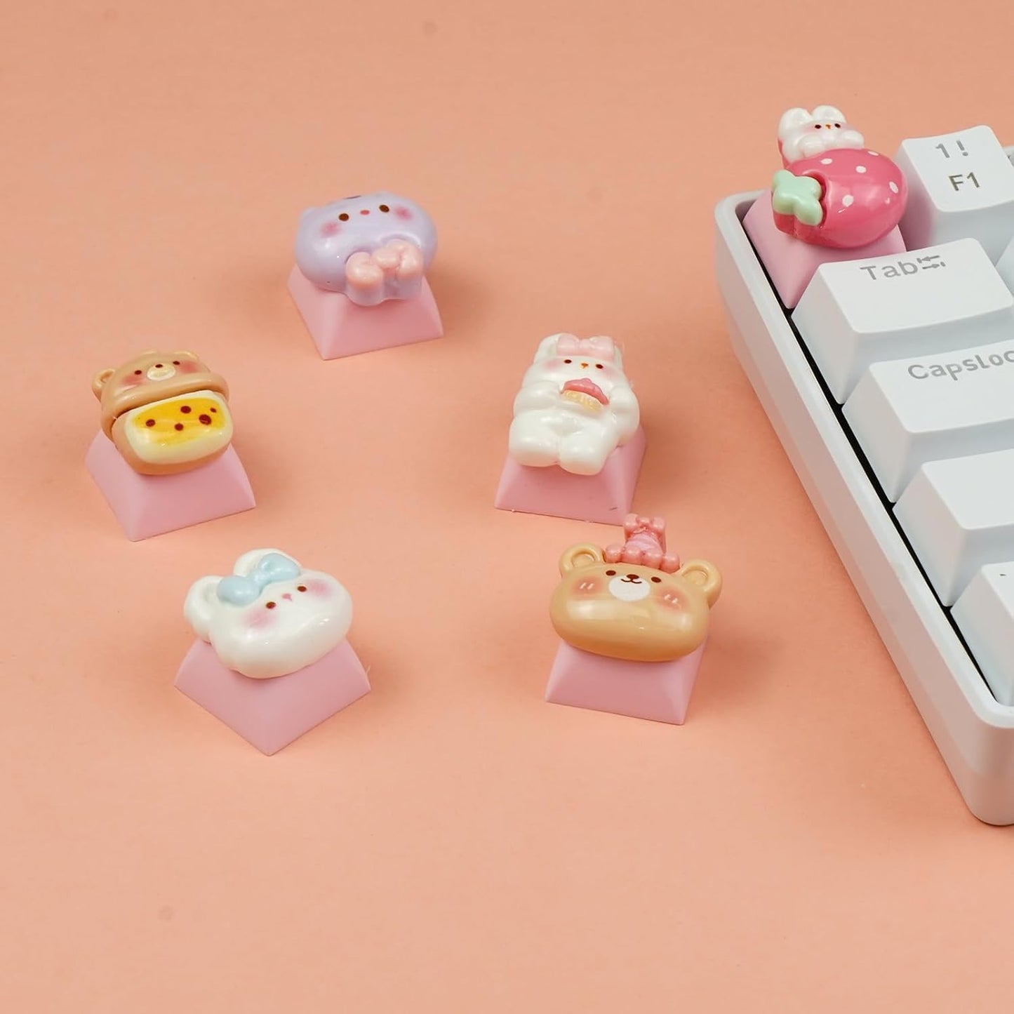 6 PCS Cute Keycaps for Cherry MX Keyboards - Bear Bunny Cat OEM Profile ESC Key Replacement, Mechanical Keyboard Decoration for Women Girls
