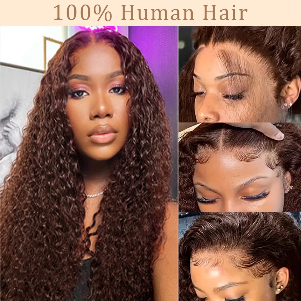 Pinketer Deep Wave Lace Front Wigs Human Hair Chocolater Colored 13x4 Curly Lace Front Wig Human Hair Wigs for Black Women Curly Wig Natural Hairline (#4 Color, 24inch)