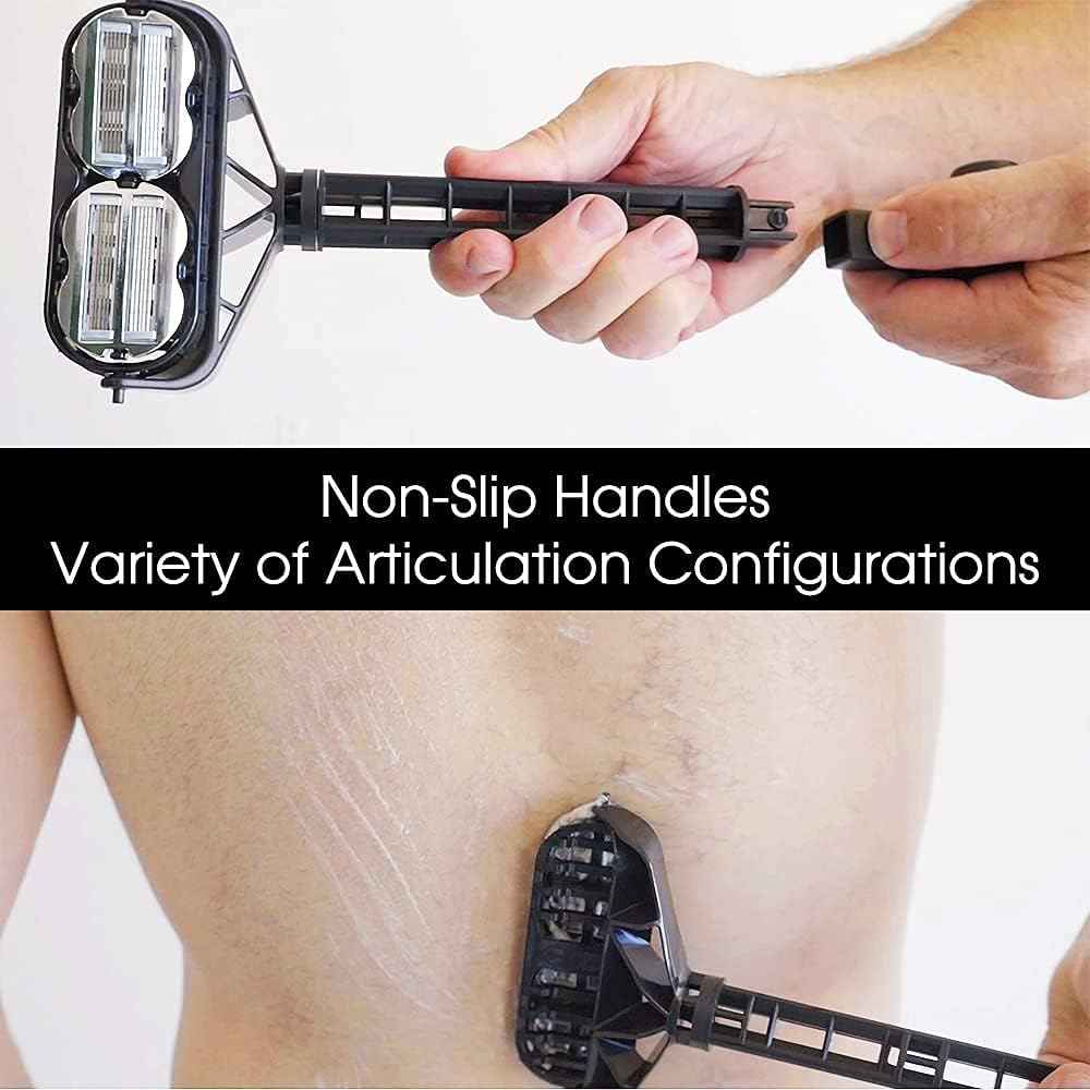 OmniShaver Ergonomic Maintenance Back Shaving Kit - Extendable Handle with Dual Shave Heads for Easy Reach - Includes Lotion Spreader - Self-Cleaning & Self-Stropping - Maintenance Back Shaver for Men