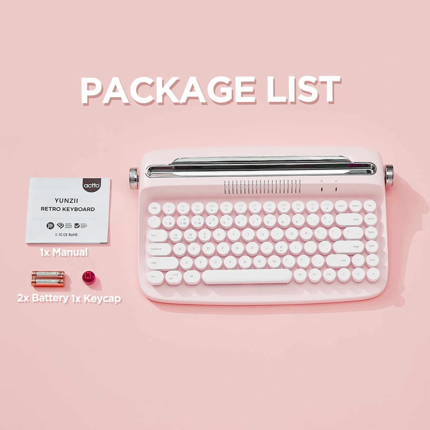 YUNZII ACTTO B303 Wireless Typewriter Keyboard, Bluetooth Connection, Cute Retro Aesthetic Design with Integrated Stand for Tablet, Phone, PC and Win/Mac/Android(B303, Baby Pink)