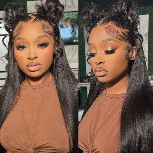 QTIKER Full Lace Human Hair Wigs Transparent Lace Silky Straight Whole Lace Cap Remy Hair Extension Pre Plucked Glueless Free Parting Wig (10inch, Straight)