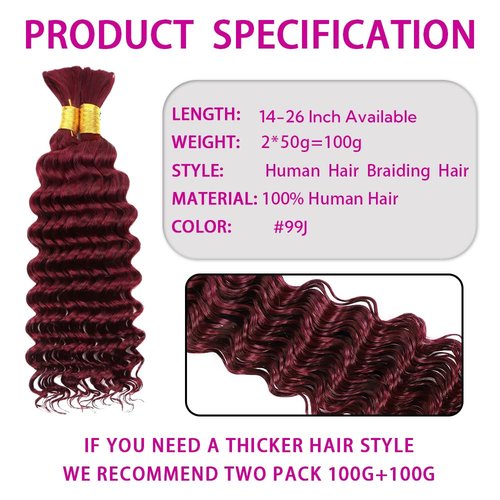 Burgundy Human Braiding Hair 26 Inch Deep Wave Bulk Human Hair for Braiding No Weft 2 Bundles 100g Curly Braiding Hair Brazilian Curly Human Hair Extensions for Boho Braids 99J Red Braiding Hair