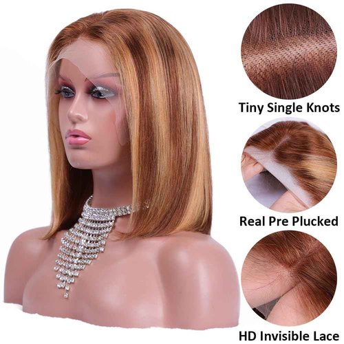 Flady Honey Blonde Bob wig Human Hair 13x4 HD Frontal Lace Wigs 150% Density 4/27 Highlight Bob Lace Front Wigs Human Hair Pre Plucked Ombre Color Short Straight Bob Wigs for Black Women 14 inch