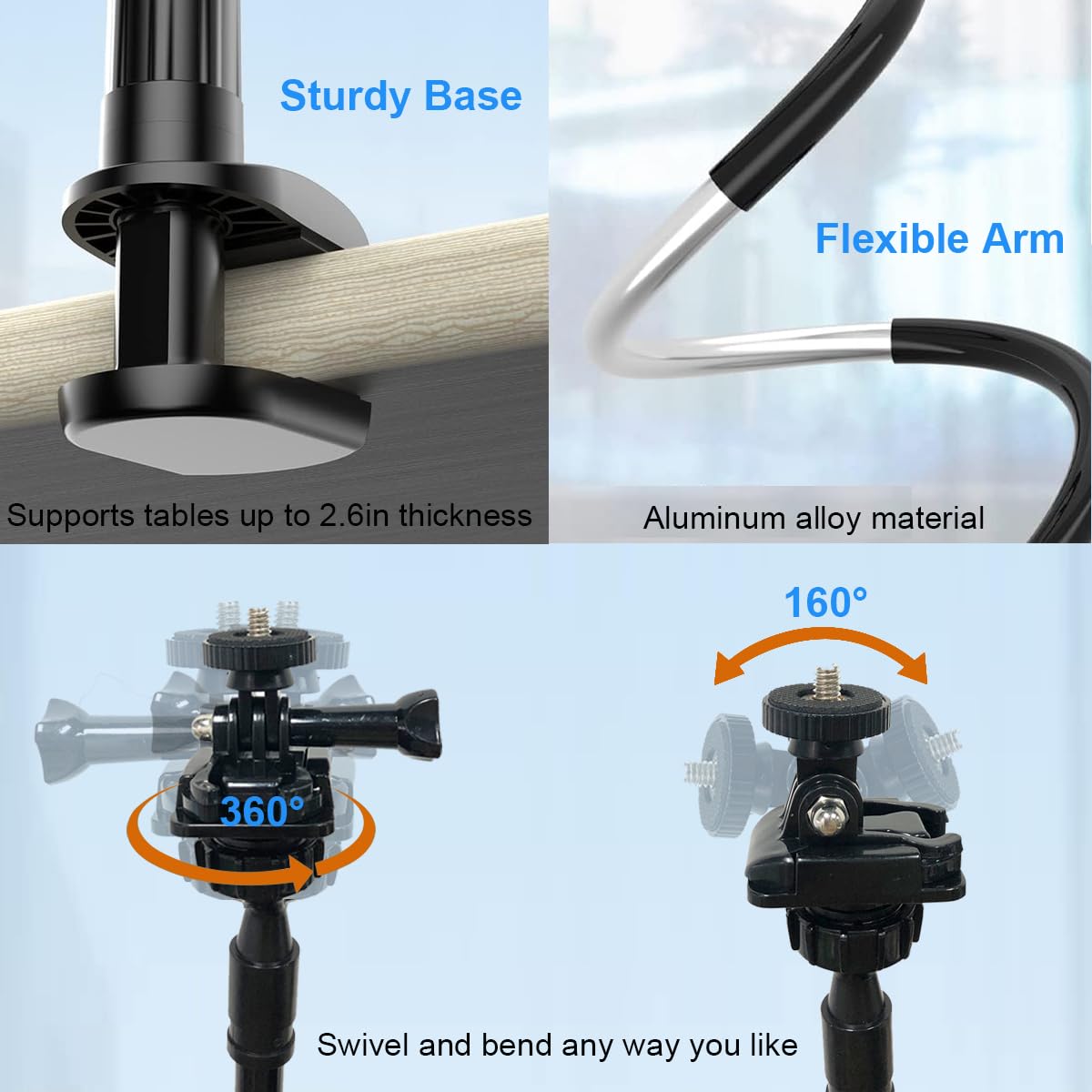 30 Inch Webcam Stand Camera Mount, Upgraded Thick Base Flexible Gooseneck Camera Stand Desk Webcam Mount Clamp for Logitech Webcams C930e C930 C920 C922x C922 Brio 4K C925e C615, Gopro Hero 8 7 6 5 4