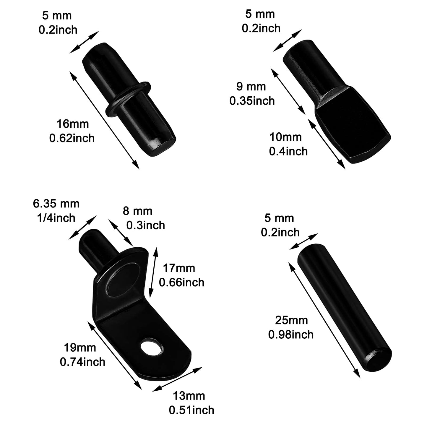 104Pcs Shelf Pins Pegs Kit,4 Styles Shelf Support Pegs,Bookshelf Pegs for Shelves,Cabinet Shelf Bracket Pegs Shelf Holders Pins for Kitchen Furniture & Closet (5mm & 1/4 inch,Black)