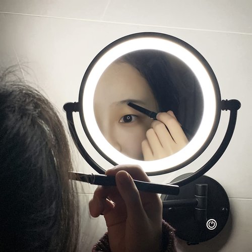 RECKODOR 8" Brass Wall Mounted Lighted Makeup Vanity Mirror with Magnification, 1X/5X Double Sided Bathroom Magnifying Mirrorwith with Dimmable LED Lights, Matt Black, Plug Powered