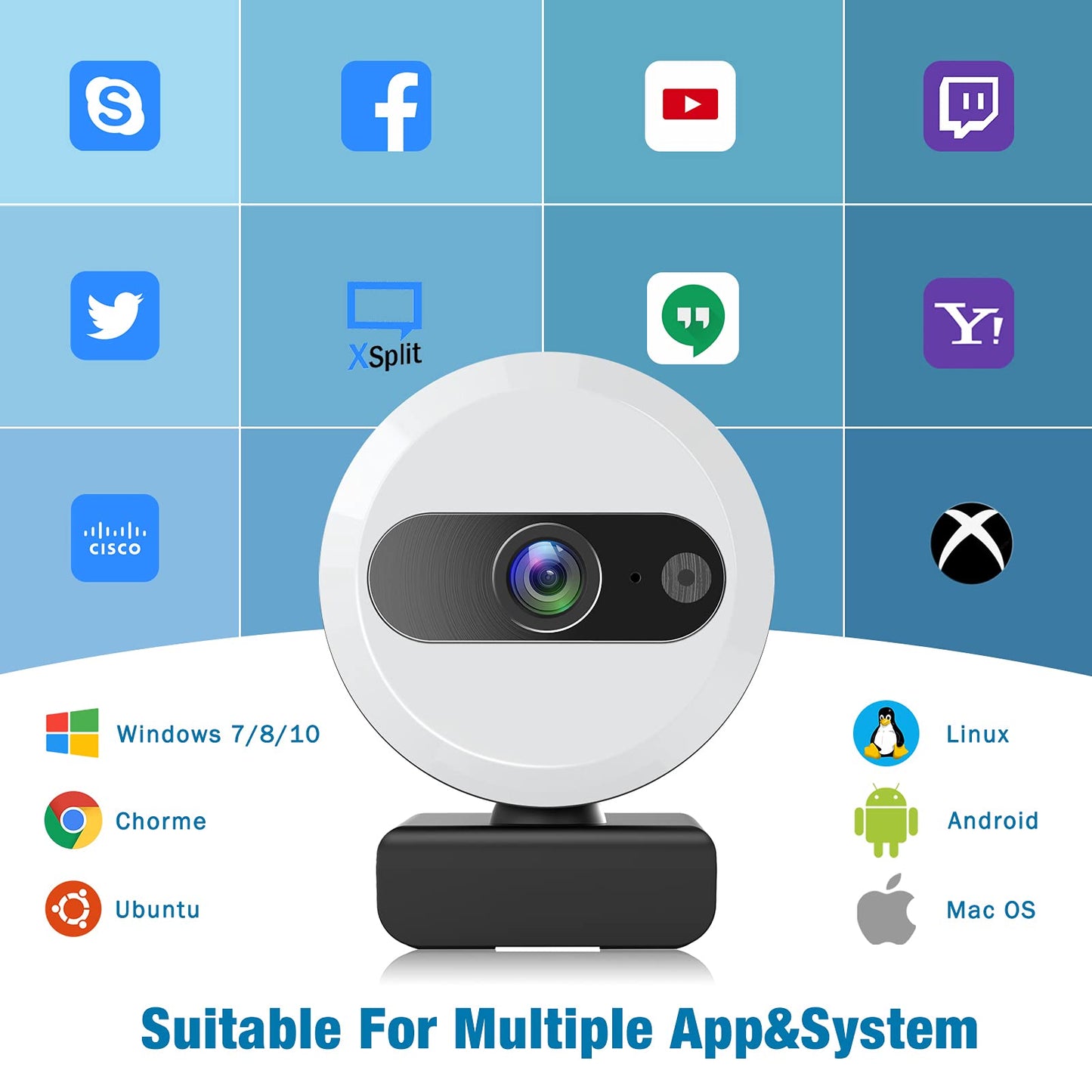 2K Webcam with Light and Tripod, Full HD PC Camera Built-in Privacy Cover, 360° Rotation, Adjustable Brightness, Plug and Play USB Computer Webcam for Meeting, Live Streaming, Video Calls, Gaming