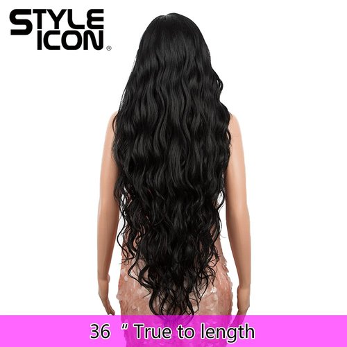 Style Icon Easy-360 36" Free Part Lace Frontal Wigs Super Long Multi-Layered Big Curl Wig Synthetic Wig (36 Inches, 1B)