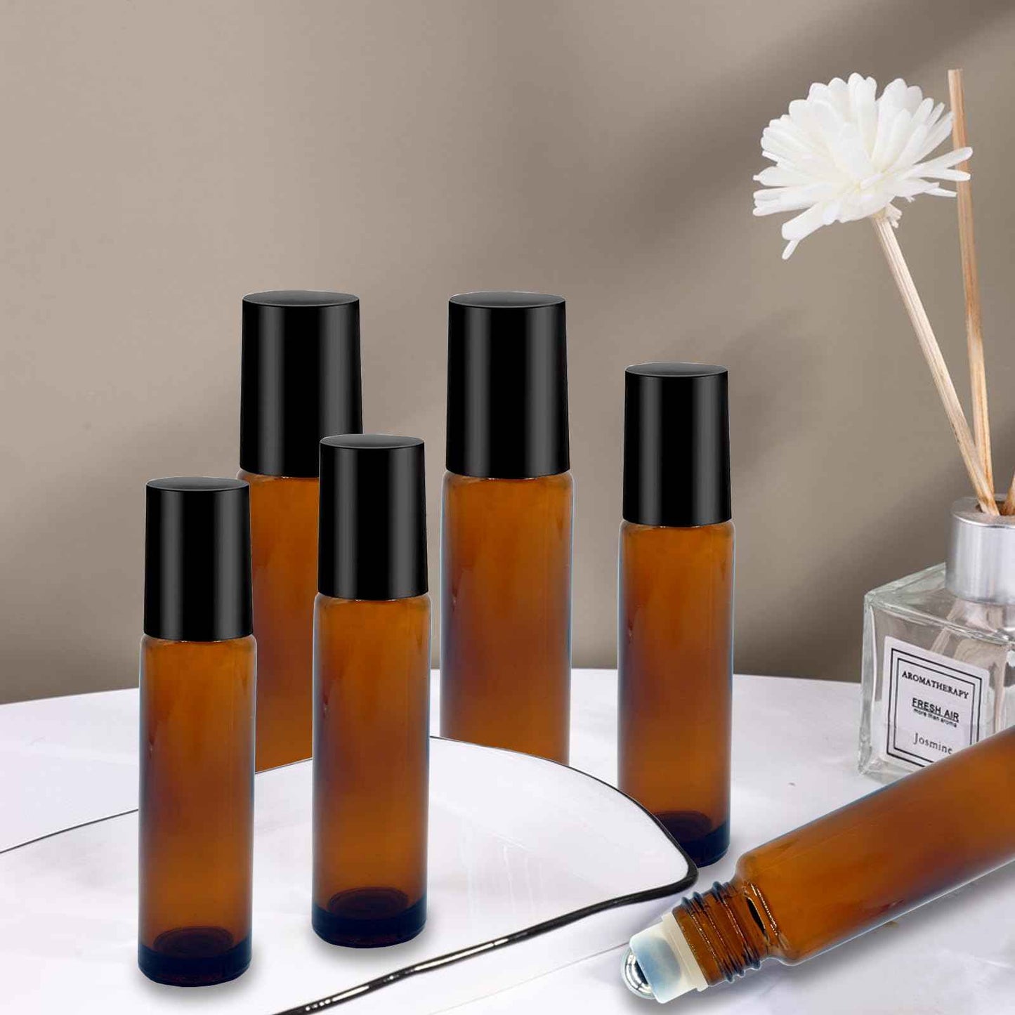 Hzmssore 100 Pcs Essential Oil Roller Bottles 10ml Empty Glass Roller Bottles with Stainless Steel Roller Balls Protection Leakproof with 5 Funnel for Travel, Roller Balls For Essential Oils(Brown)