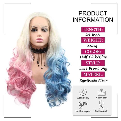 Angle Lucky Cosplay Colorful Wig for Women Synthetic Lace Front Wig Long Wavy Blonde Omber Pink Blue Glueless Wig Heat Resistant Fiber Drag Queen Party Wigs 24Inch