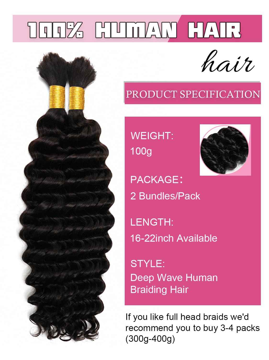 Human Braiding Hair 3 Bundles/Pack 300g 16 18 20 inch Deep Wave Curly Bulk 100% Human Hair for Braiding No Weft 10A Brazilian Virgin Human Hair Extensions for Boho Braids Natural Black Wet and Wavy