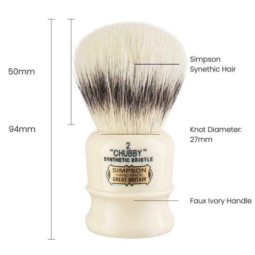 Simpsons Chubby 2 - CH2 Synthetic Platinum High density Fibre Faux Handle Ivory Shaving Brush - Simpson Shaving Brushes - Wet Shave Deluxe Thick & Luxurious Lather Handle Dense & Extra Soft Bristles