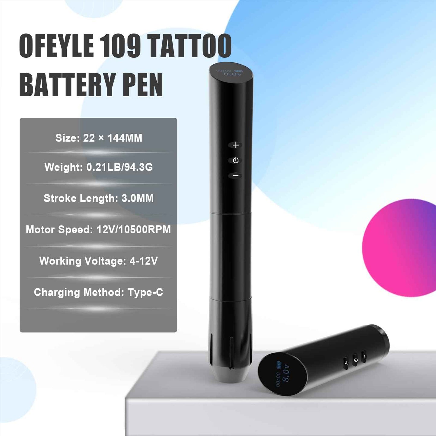 OFEYLE 109 Wireless Tattoo Pen Machine Rotary Tattoo Gun with 2PCS Replaceble Batteries Coreless Motor Digital Display Cartridge Battery Pen Permanent Makeup Tattoo Supply for Tattoo Artist (Black)