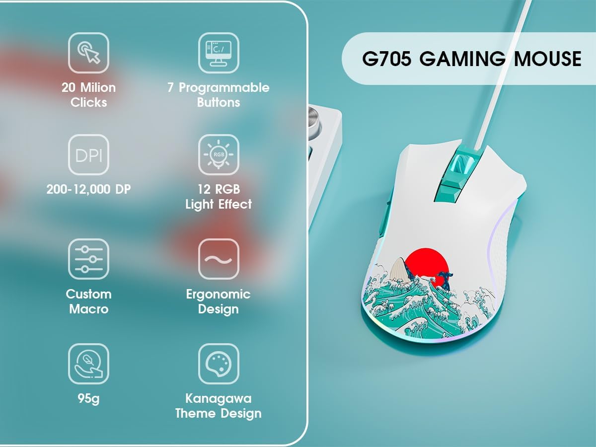 XVX G705 Wired Gaming Mouse, 12000 DPI RGB Gaming Mouse with 12 Backlit Modes & 7 Macro Buttons, PC Gaming Mice Support DIY Keybinding, Mouse Gamer Computer Mouse for Laptop PC Mac Windows,Topographic