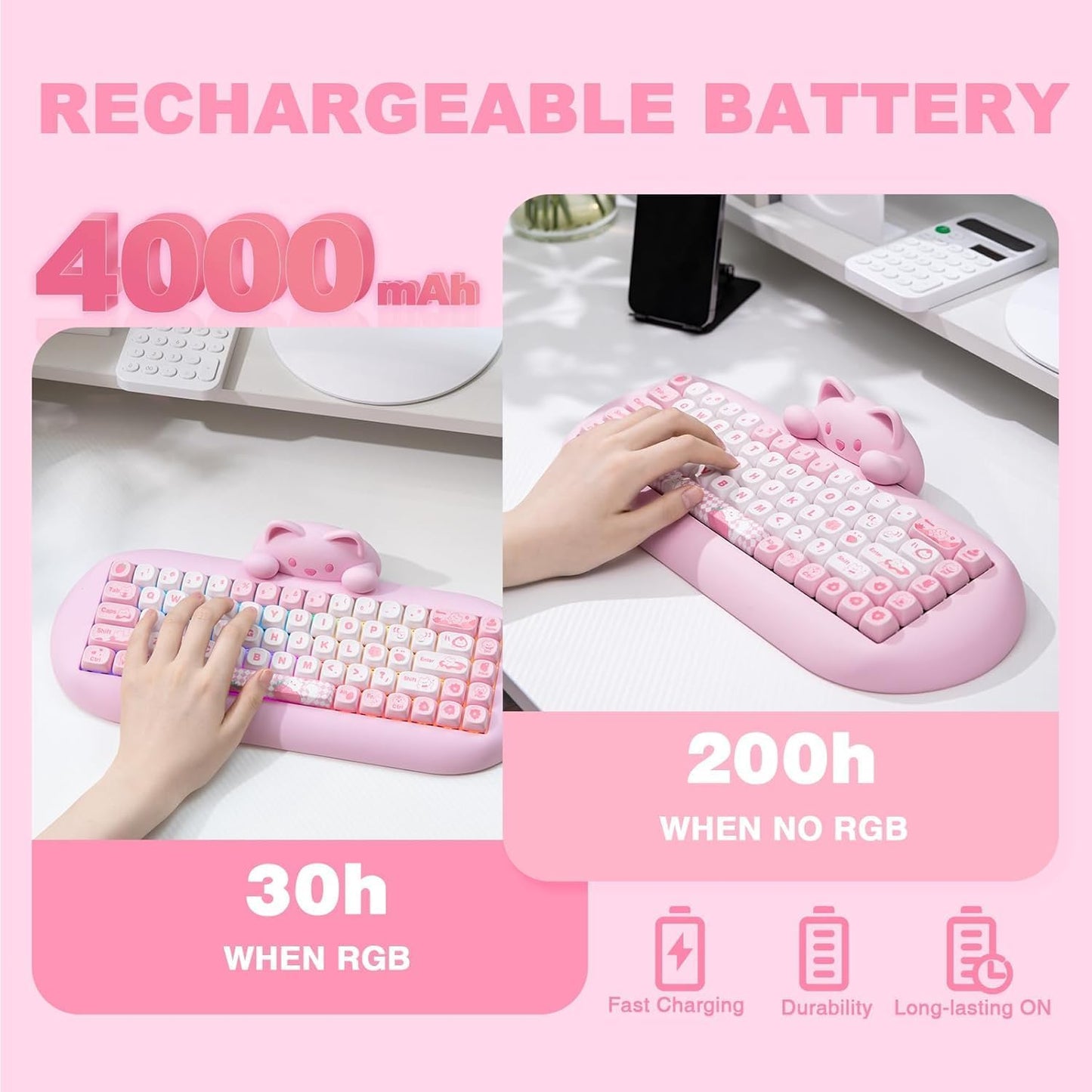 YUNZII C68 Panda Wireless Mechanical Gaming Keyboard, 68 Keys Cute Layout with PBT Keycaps,RGB Backlit, Hot Swappable,Creamy Switches,BT5.0/2.4G/Wired for Win/Mac(Black,Panda Switch)