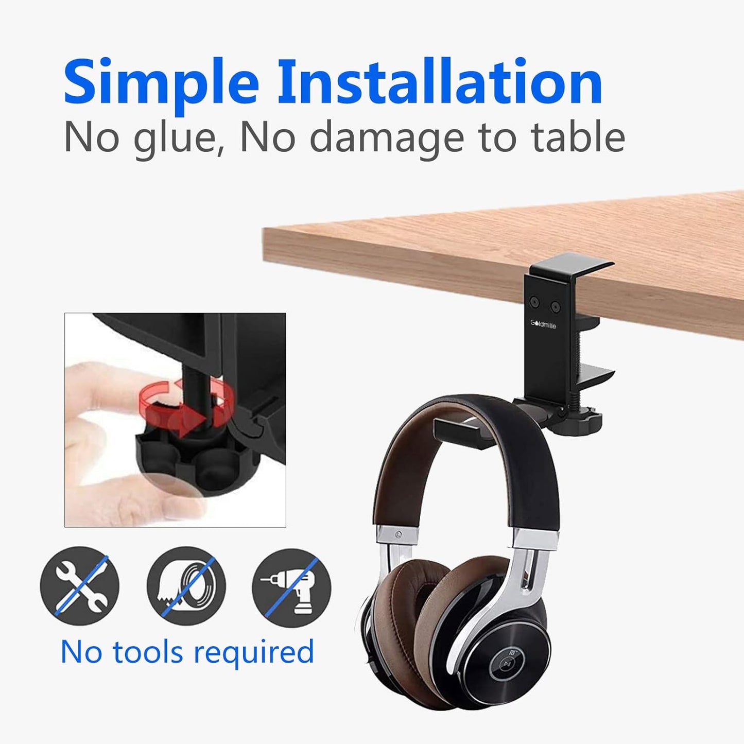 Aluminum Headphone Stand Hanger Foldable with Cable Clip - Goldmille Headset Holder Clamp Hook Under Desk, Save Your Space While Working & Gaming