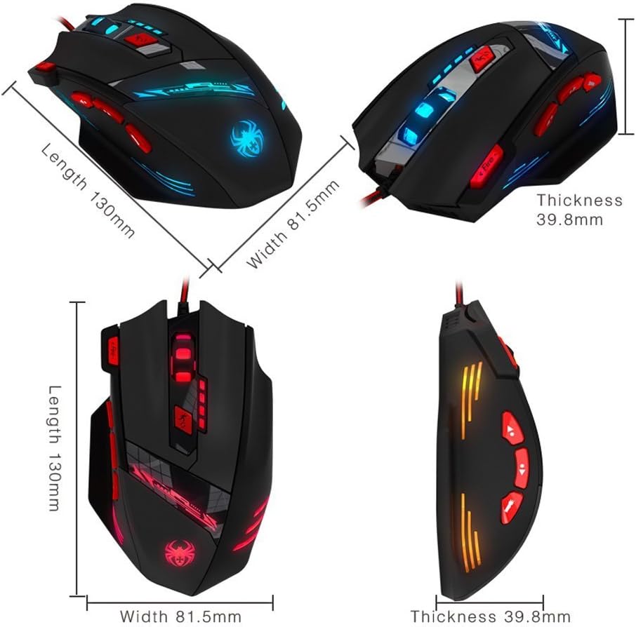 Zelotes T90 Professional 9200 DPI High Precision USB Wired Gaming Mouse,8 Buttons,With 7 kinds modes of LED Colorful Breathing Light, Weight Tuning Set (Black)