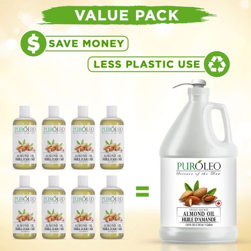 PUROLEO Sweet Almond Oil 128 Fl Oz/3784 ML (Packed In Canada) Pure Almond Oil for Skin, Hair, & Body | Organic Carrier Oil & Body Oils For Women