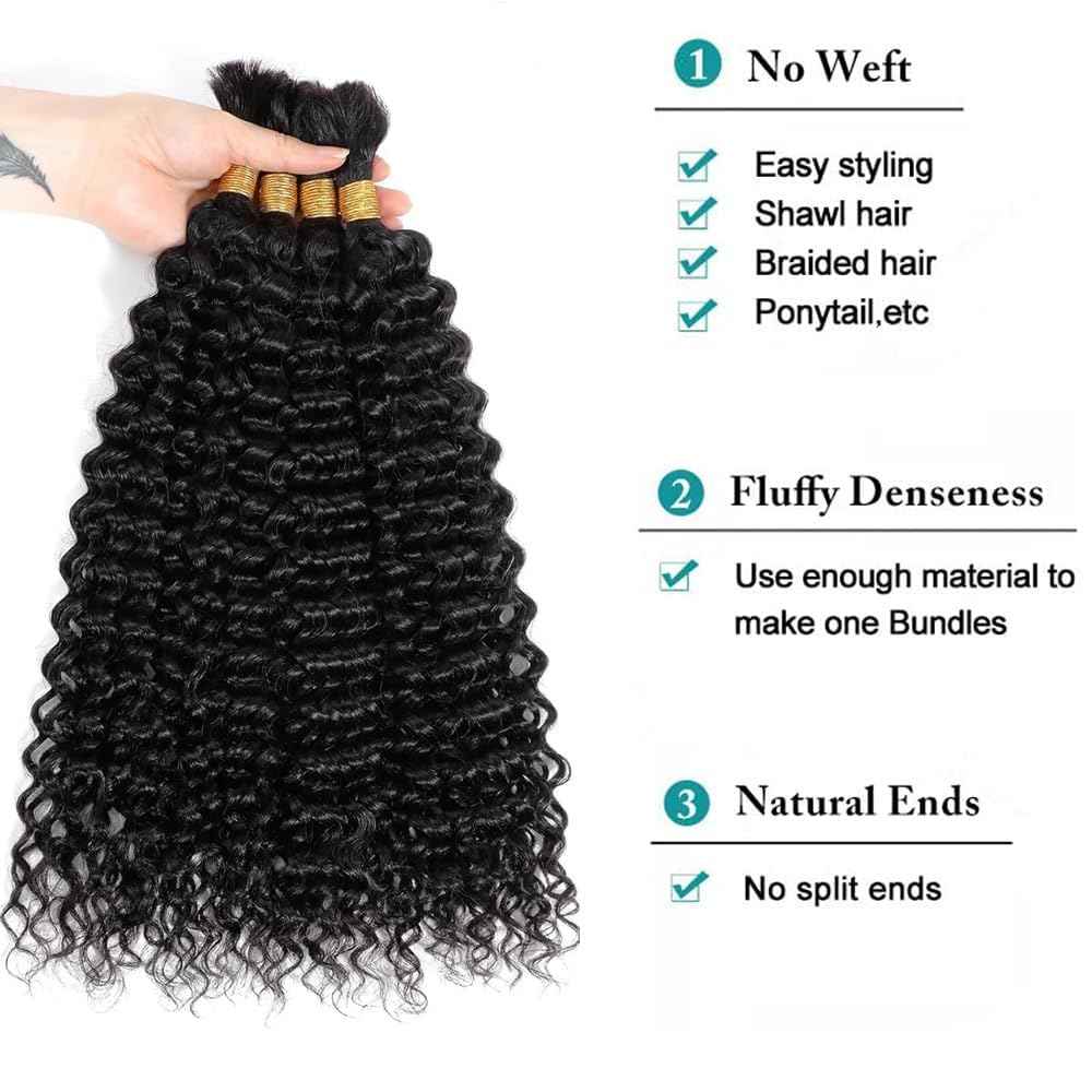 Human Braiding Hair 3 Bundle 150g Deep Wave Bulk Human Hair for Braiding No Weft 12A Brazilian Virgin Curly Human Hair Extensions for Boho Braids (Deep Wave-1B, 16/150g)